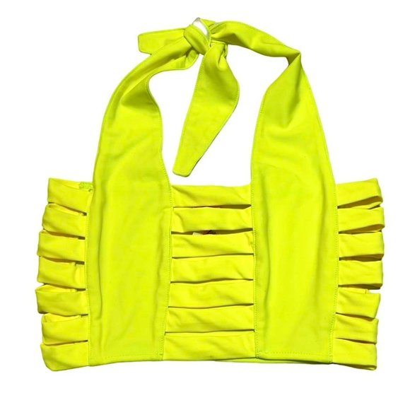 RARE discontinued J Valentine Neon Yellow cage cropped halter tie top - Picture 4 of 7